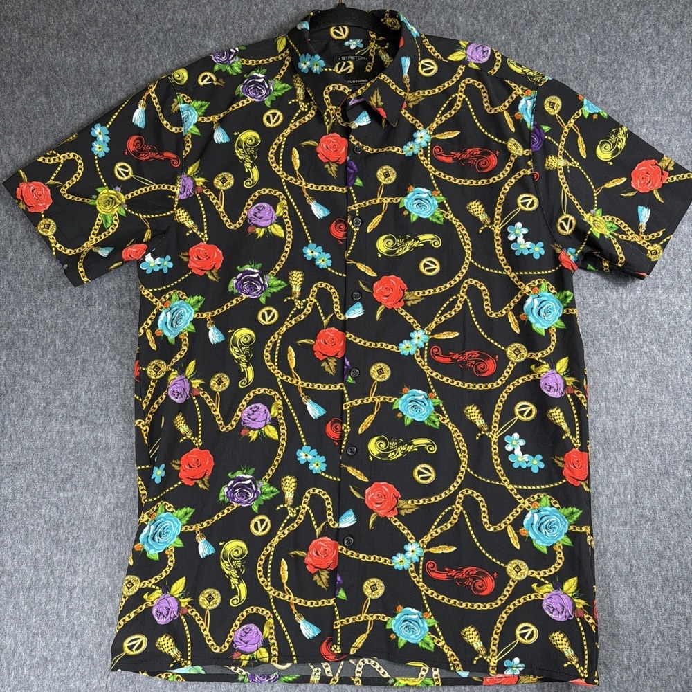 Drill Clothing Shirt Mens L‎ Black Gold Roses Stretch Short Sleeve Button-Up